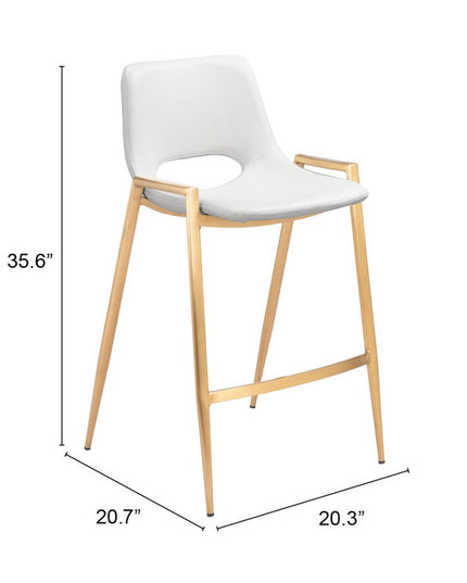 Set of Two 26" White And Gold Faux Leather And Steel Low Back Counter Height Bar Chairs