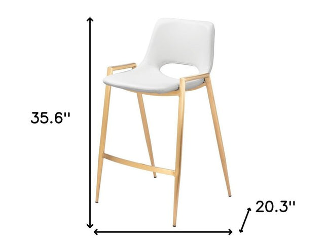 Set of Two 26" White And Gold Faux Leather And Steel Low Back Counter Height Bar Chairs