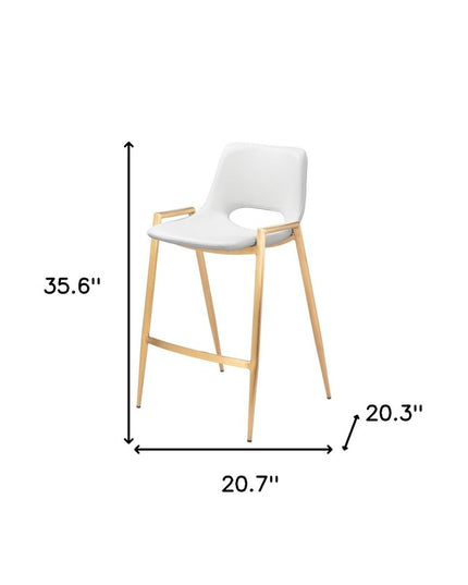 Set of Two 26" White And Gold Faux Leather And Steel Low Back Counter Height Bar Chairs