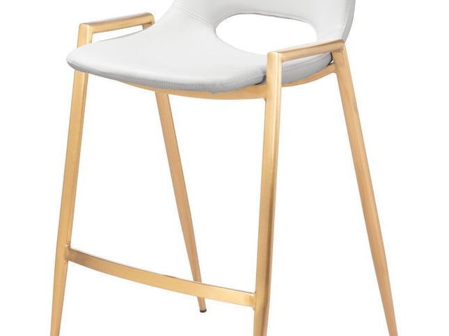 Set of Two 26" White And Gold Faux Leather And Steel Low Back Counter Height Bar Chairs
