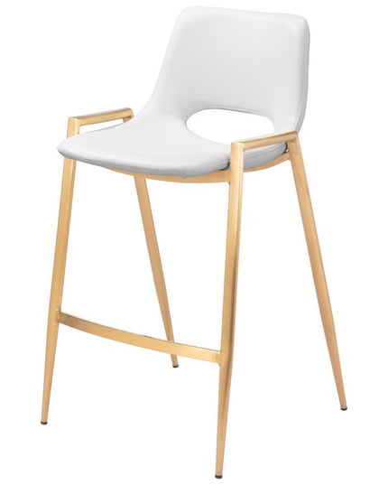 Set of Two 26" White And Gold Faux Leather And Steel Low Back Counter Height Bar Chairs