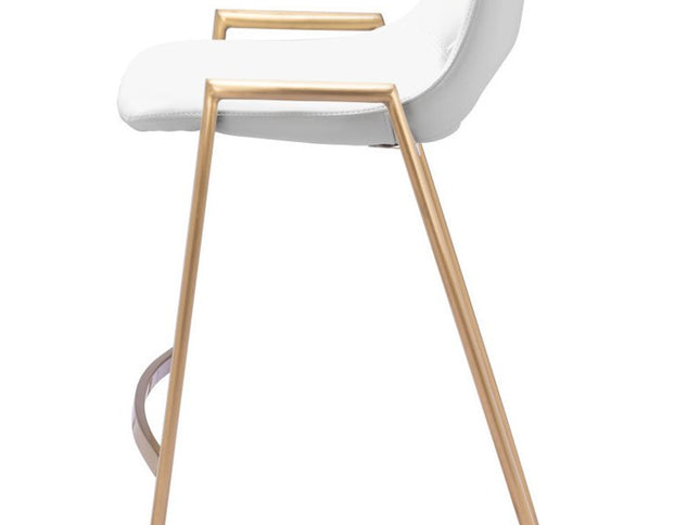 Set of Two 26" White And Gold Faux Leather And Steel Low Back Counter Height Bar Chairs