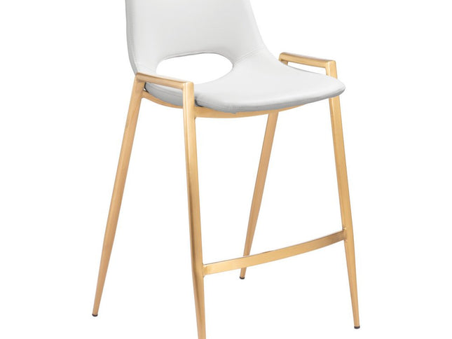 Set of Two 26" White And Gold Faux Leather And Steel Low Back Counter Height Bar Chairs