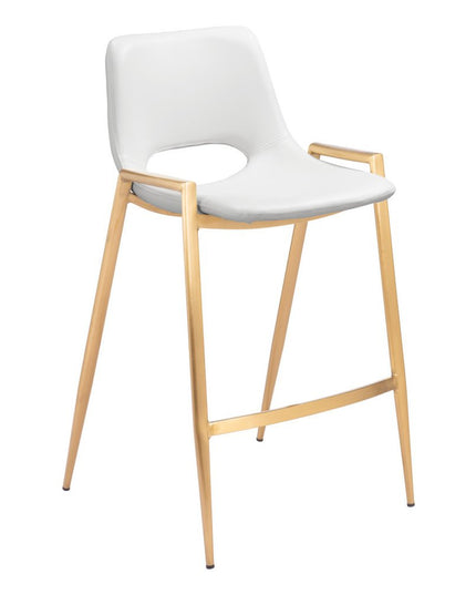 Set of Two 26" White And Gold Faux Leather And Steel Low Back Counter Height Bar Chairs