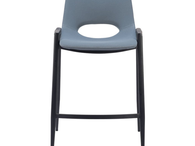 Set of Two 26" Blue And Black Faux Leather And Steel Low Back Counter Height Bar Chairs