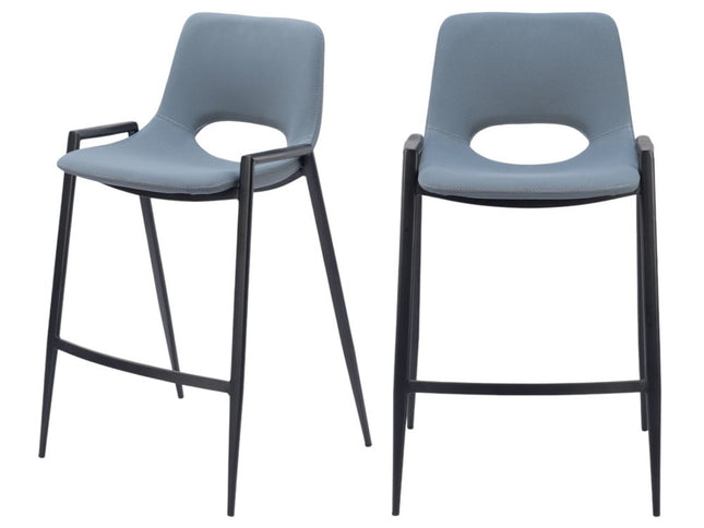 Set of Two 26" Blue And Black Faux Leather And Steel Low Back Counter Height Bar Chairs