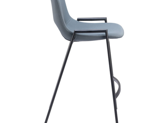 Set of Two 26" Blue And Black Faux Leather And Steel Low Back Counter Height Bar Chairs