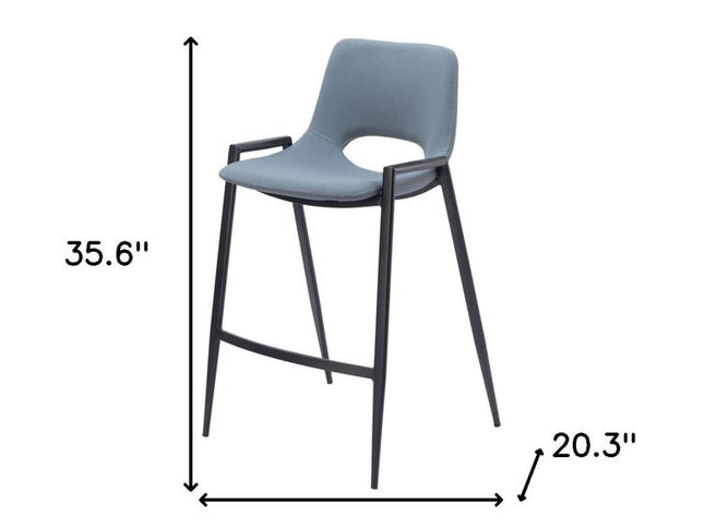 Set of Two 26" Blue And Black Faux Leather And Steel Low Back Counter Height Bar Chairs