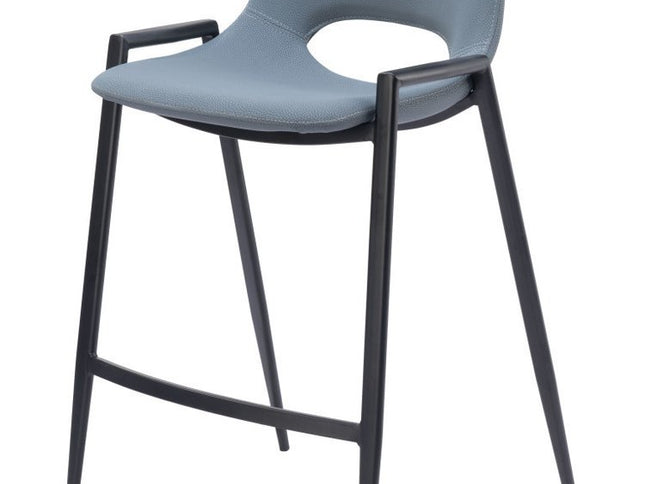 Set of Two 26" Blue And Black Faux Leather And Steel Low Back Counter Height Bar Chairs