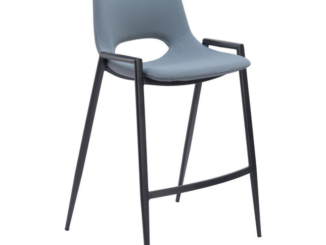 Set of Two 26" Blue And Black Faux Leather And Steel Low Back Counter Height Bar Chairs