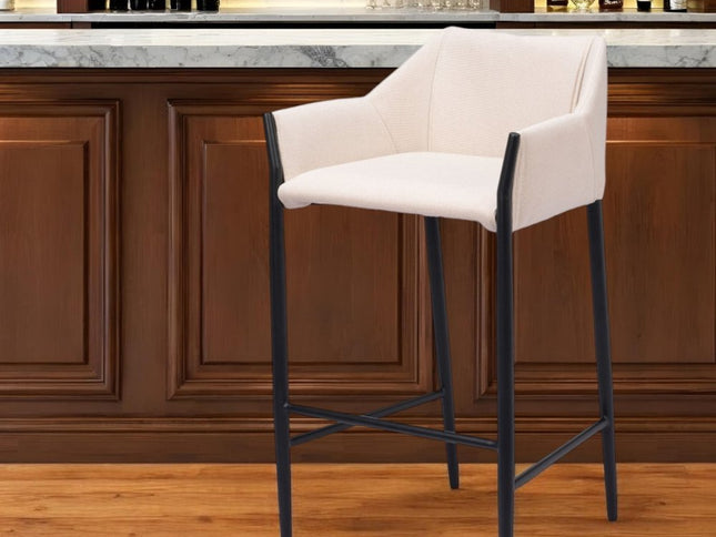 30" Beige And Black Fabric And Steel Bar Height Bar Chair