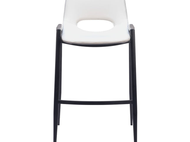 Set of Two 30" White and Black Faux Leather and Steel Low Back Bar Height Bar Chairs