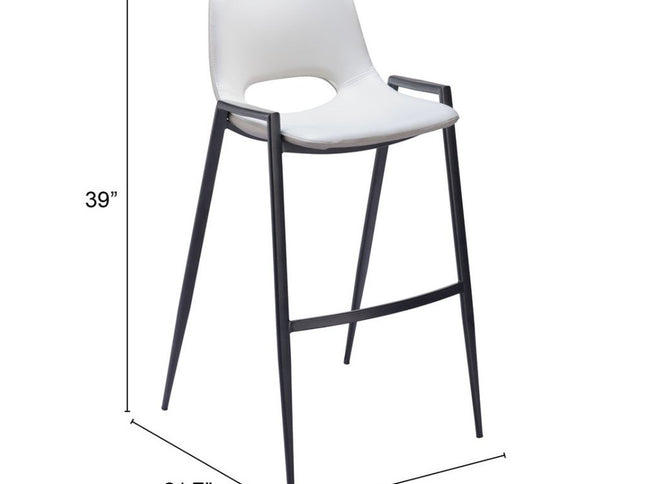 Set of Two 30" White and Black Faux Leather and Steel Low Back Bar Height Bar Chairs