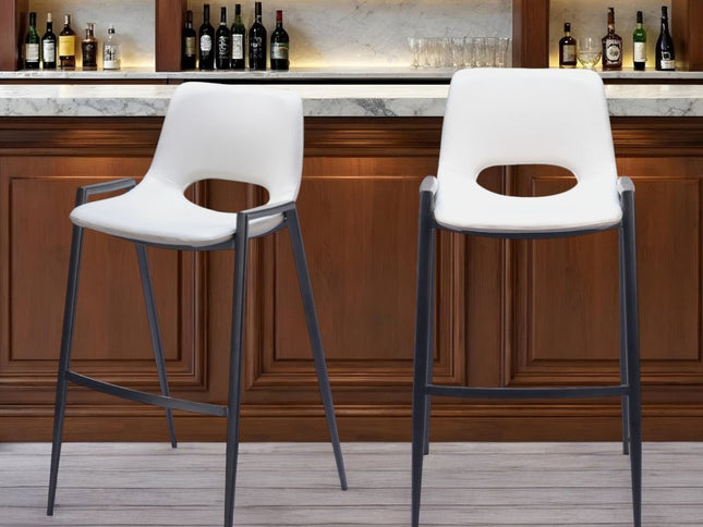 Set of Two 30" White and Black Faux Leather and Steel Low Back Bar Height Bar Chairs