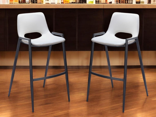 Set of Two 30" White and Black Faux Leather and Steel Low Back Bar Height Bar Chairs