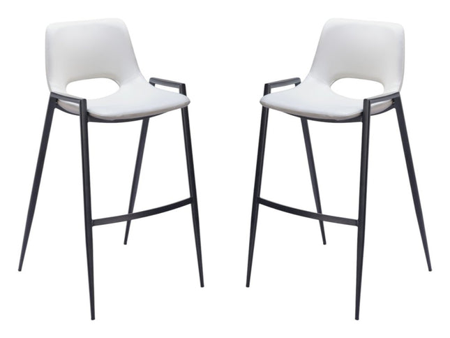 Set of Two 30" White and Black Faux Leather and Steel Low Back Bar Height Bar Chairs