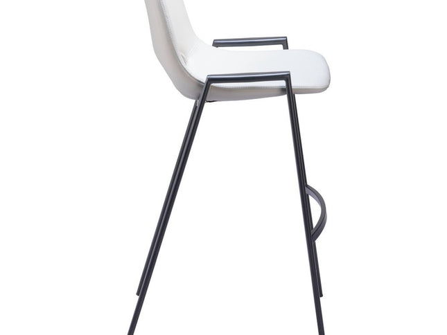 Set of Two 30" White and Black Faux Leather and Steel Low Back Bar Height Bar Chairs