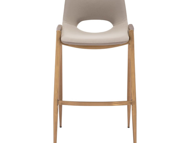 Set of Two 30" Beige And Gold Faux Leather And Steel Low Back Bar Height Bar Chairs