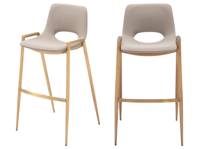 Set of Two 30" Beige And Gold Faux Leather And Steel Low Back Bar Height Bar Chairs