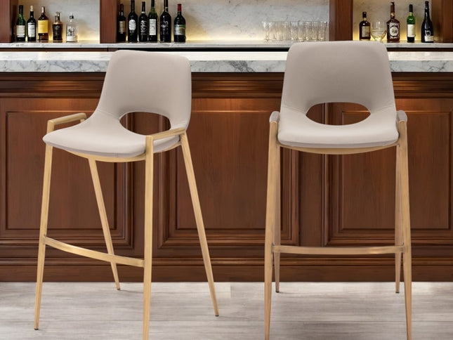 Set of Two 30" Beige And Gold Faux Leather And Steel Low Back Bar Height Bar Chairs