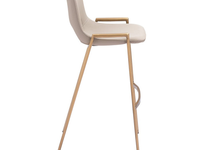 Set of Two 30" Beige And Gold Faux Leather And Steel Low Back Bar Height Bar Chairs