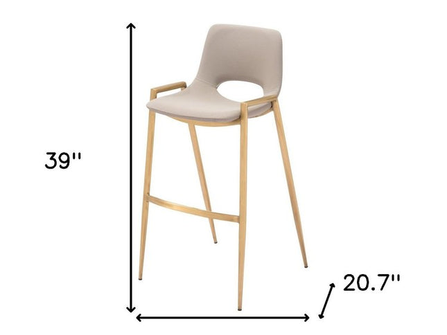 Set of Two 30" Beige And Gold Faux Leather And Steel Low Back Bar Height Bar Chairs