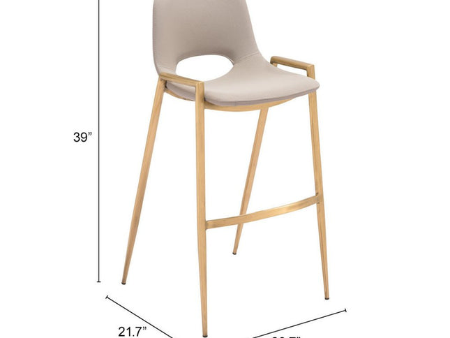 Set of Two 30" Beige And Gold Faux Leather And Steel Low Back Bar Height Bar Chairs