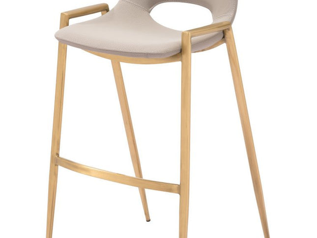 Set of Two 30" Beige And Gold Faux Leather And Steel Low Back Bar Height Bar Chairs