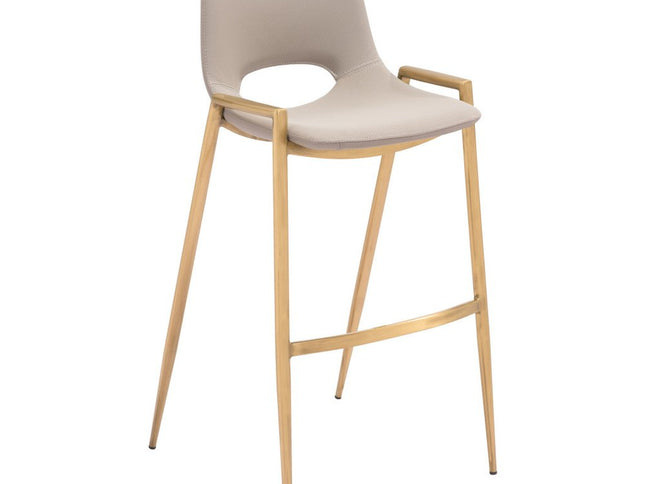 Set of Two 30" Beige And Gold Faux Leather And Steel Low Back Bar Height Bar Chairs