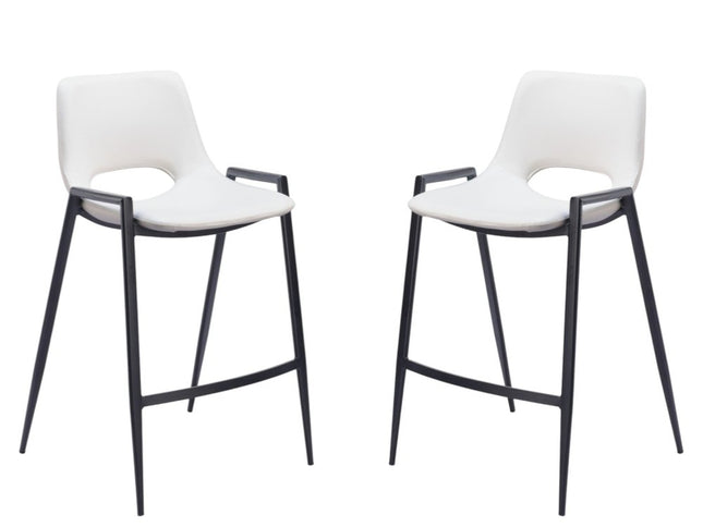 Set of Two 26" White and Black Faux Leather and Steel Low Back Counter Height Bar Chairs