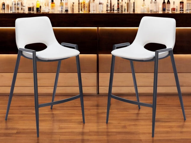 Set of Two 26" White and Black Faux Leather and Steel Low Back Counter Height Bar Chairs