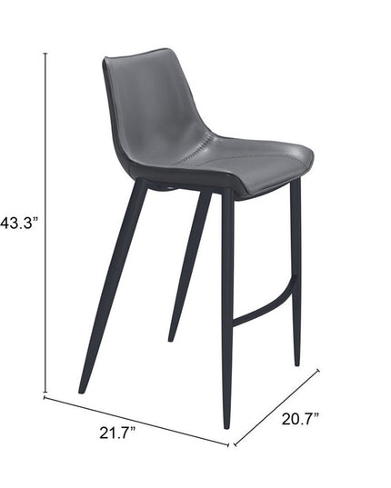 Set of Two 30" Dark Gray And Black Faux Leather And Steel Bar Height Bar Chairs