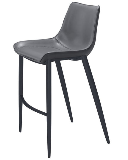 Set of Two 30" Dark Gray And Black Faux Leather And Steel Bar Height Bar Chairs