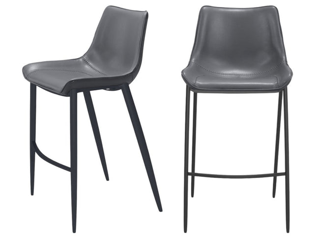 Set of Two 30" Dark Gray And Black Faux Leather And Steel Bar Height Bar Chairs
