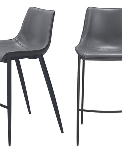 Set of Two 30" Dark Gray And Black Faux Leather And Steel Bar Height Bar Chairs
