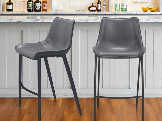 Set of Two 30" Dark Gray And Black Faux Leather And Steel Bar Height Bar Chairs