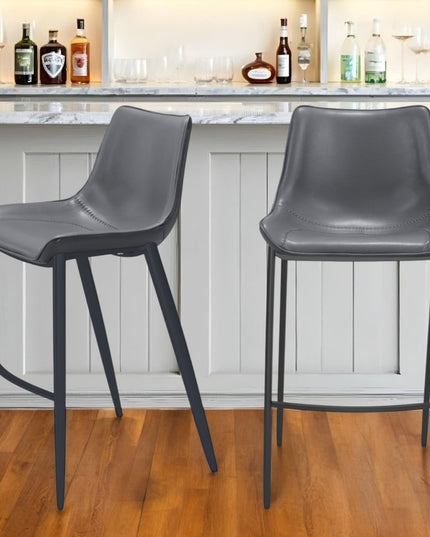 Set of Two 30" Dark Gray And Black Faux Leather And Steel Bar Height Bar Chairs