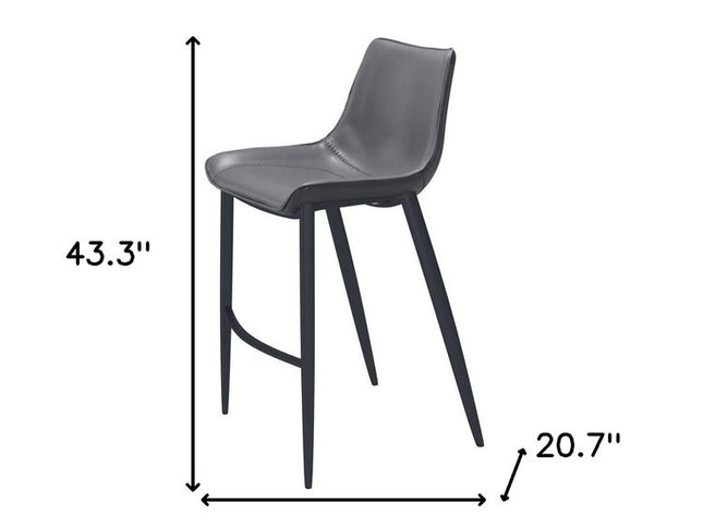 Set of Two 30" Dark Gray And Black Faux Leather And Steel Bar Height Bar Chairs