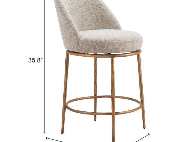 24" Beige and Gold Fabric and Steel Counter Height Swivel Bar Chair