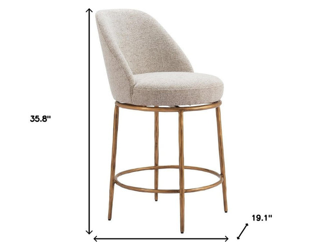 24" Beige and Gold Fabric and Steel Counter Height Swivel Bar Chair