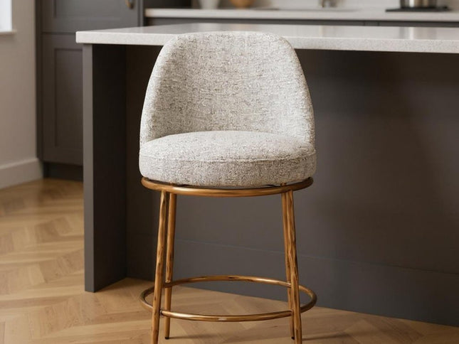 24" Beige and Gold Fabric and Steel Counter Height Swivel Bar Chair