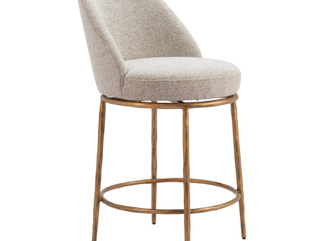 24" Beige and Gold Fabric and Steel Counter Height Swivel Bar Chair