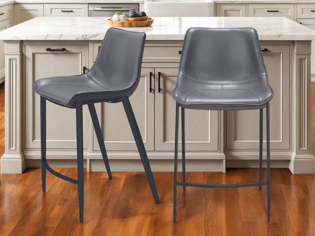 Set of Two 26" Dark Gray And Black Faux Leather And Steel Counter Height Bar Chairs