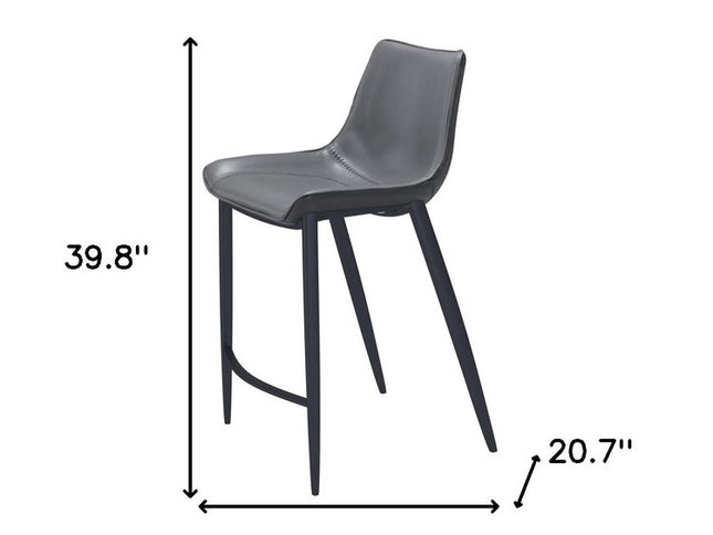 Set of Two 26" Dark Gray And Black Faux Leather And Steel Counter Height Bar Chairs