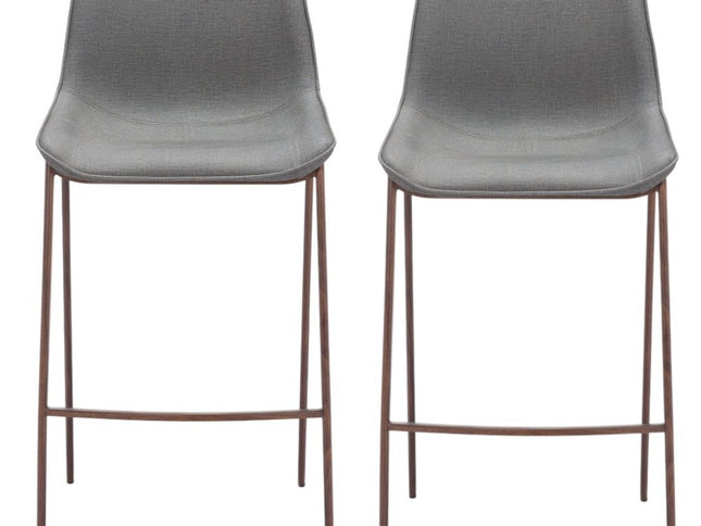 Set of Two 30" Slate Gray and Brown Faux Leather and Steel Bar Height Bar Chairs