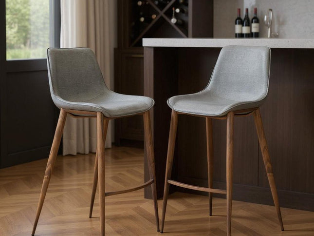 Set of Two 30" Slate Gray and Brown Faux Leather and Steel Bar Height Bar Chairs