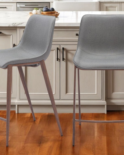 Set of Two 26" Slate Gray and Brown Faux Leather and Steel Counter Height Bar Chairs
