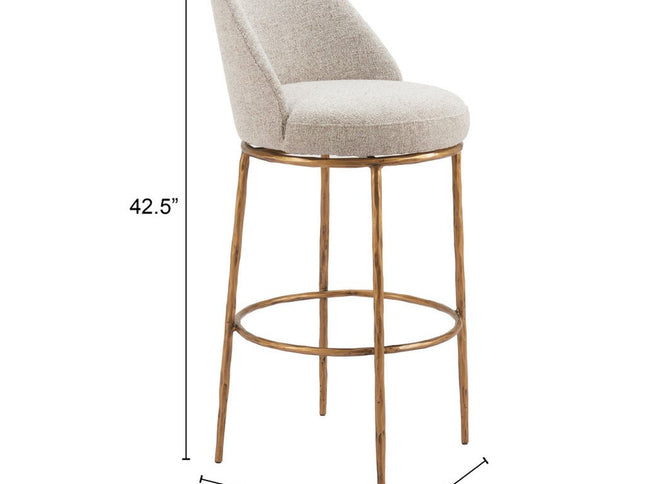 32" Beige And Gold Fabric And Steel Bar Height Swivel Bar Chair