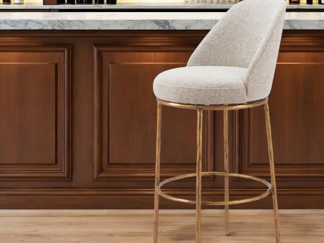 32" Beige And Gold Fabric And Steel Bar Height Swivel Bar Chair