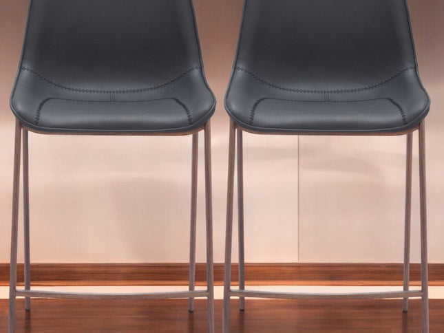 Set of Two 30" Black And Brown Faux Leather And Steel Bar Height Bar Chairs